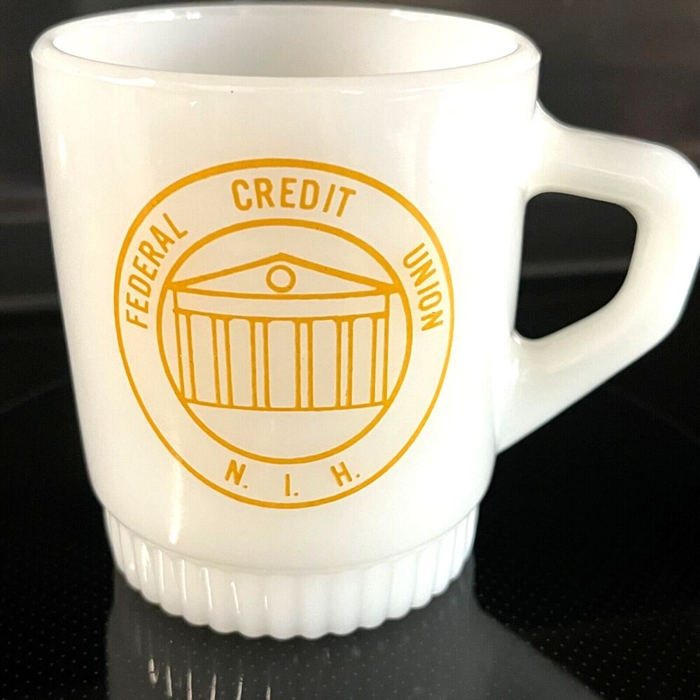 Fire King Milk Glass Mug Federal Credit Union NIH Maryland Anchor Hocking Ribbed